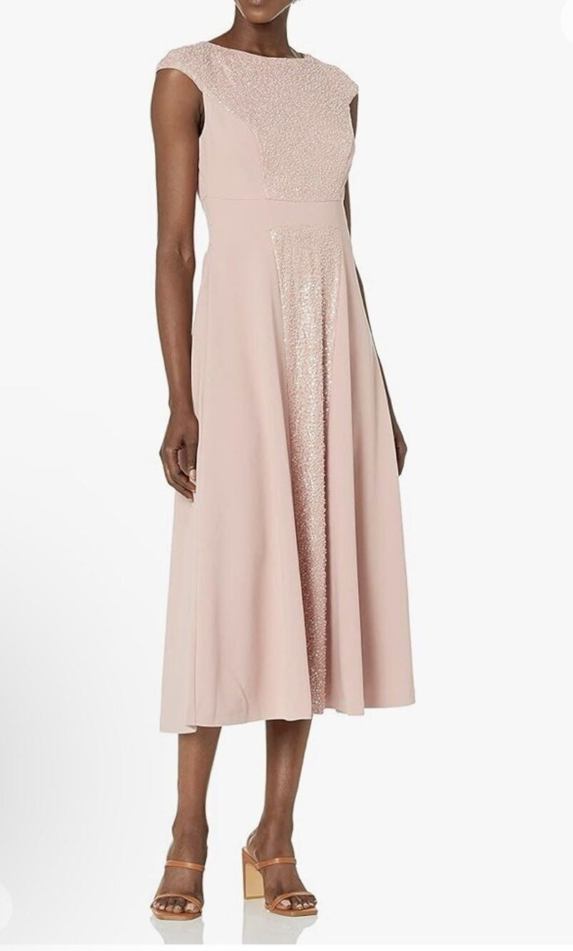 JS COLLECTIONS DUSTY PINK SEQUINED STRETCH CREPE FIT & FLARE MIDI DRESS Sz 10